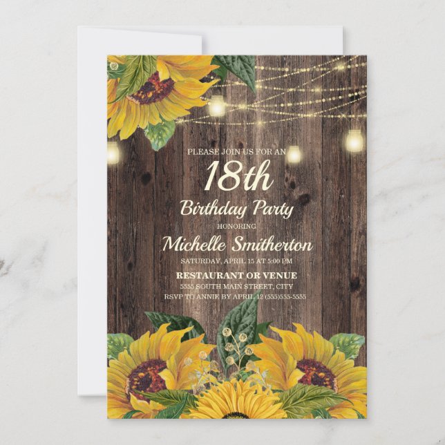 Invitación Luces de Cuerda de Girasoles Rústicos Cumpleaños 1 (Anverso)