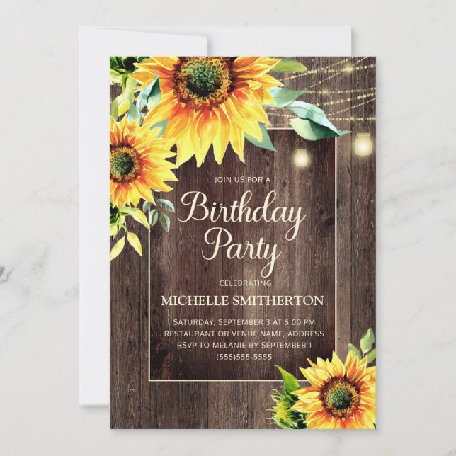 Invitación Luces de Cuerda de Girasoles Rústicos Cumpleaños d (Anverso)