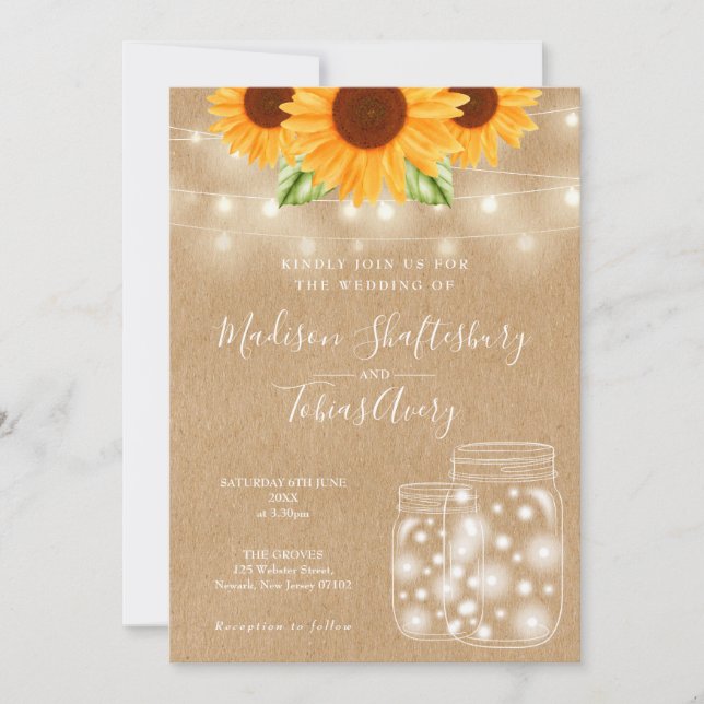 Invitación Luces de Cuerda de Girasoles Rústicos en Tarro de  (Anverso)