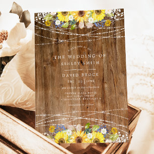 Invitación Luces de Cuerda de Girasoles Rústicos para Boda Fl