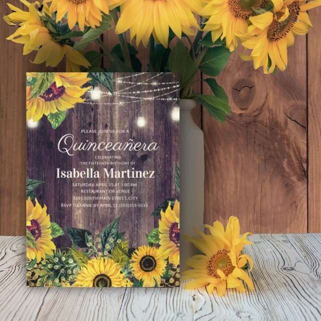 Invitación Luces de Cuerda de Girasoles Rústicos Quinceañera  (Subido por el creador)