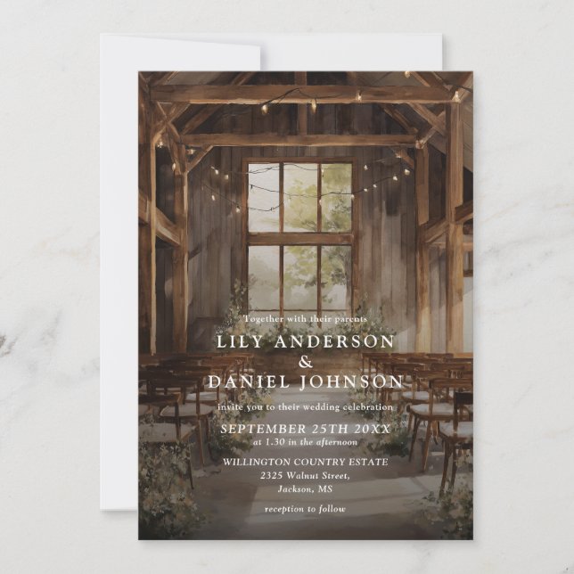 Invitación Luces de Cuerda de Granero Rústico Acuarela Boda (Anverso)
