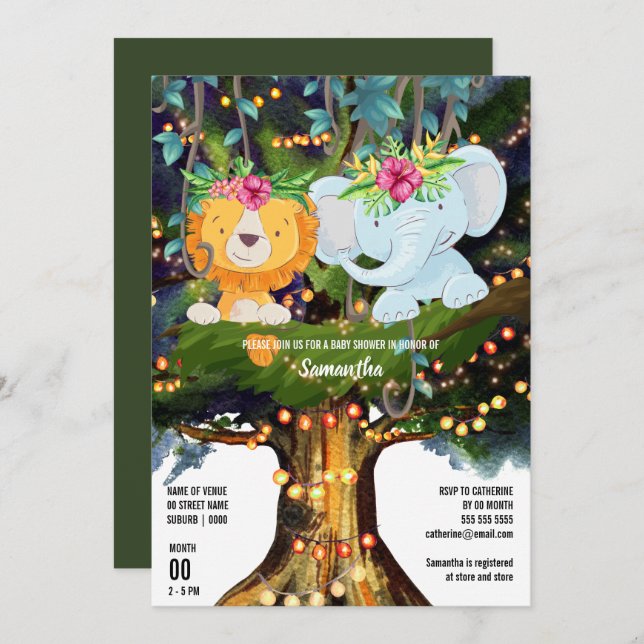 Invitación Luces de cuerda de león elefante de selva tropical (Anverso / Reverso)
