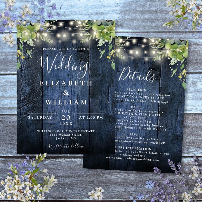 Invitación Luces de Cuerda de Madera Azul con Detalles de Ver (Blue Wood String Light Greenery Details Wedding Invitation)