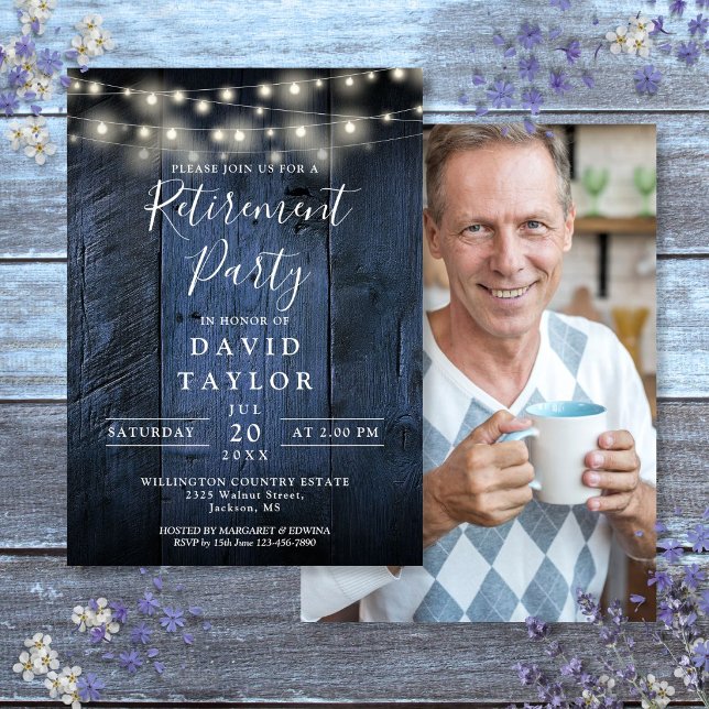 Invitación Luces de Cuerda de Madera Azul Fiesta de Jubilació (Blue Wood String Lights Retirement Party Photo Invitation)