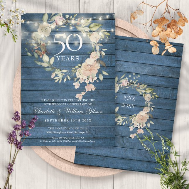 Invitación Luces de Cuerda de Madera Azul Floral 50 Aniversar (Blue Wood String Lights Floral 50th Anniversary Invitation)