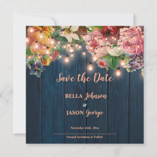 Invitación Luces de Cuerda de Madera Azul Floral Salva la Fec