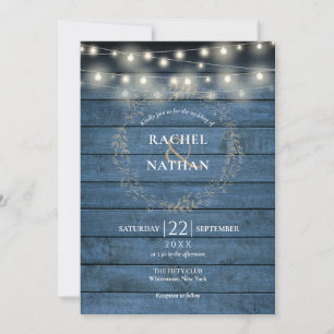 Invitación Luces de Cuerda de Madera Azul Rústica para Bodas