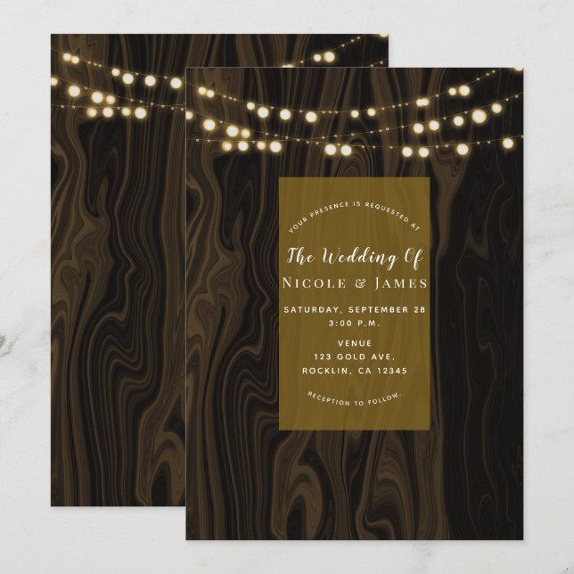 Invitación Luces de Cuerda de Madera Caprichosas Café Rústico (Anverso / Reverso)