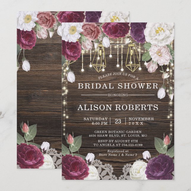 Invitación Luces de cuerda de madera de floral rústica Ducha  (Anverso / Reverso)