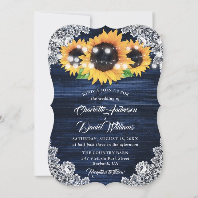 Invitación Luces de Cuerda de Madera de Girasol Azul Marino p (Anverso)