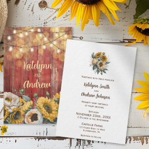 Invitación Luces de Cuerda de Madera de Granero de Girasoles 