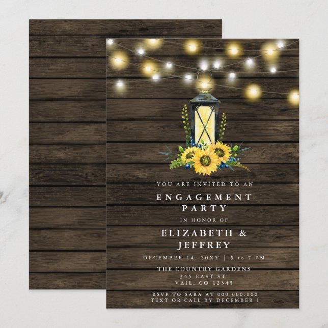 Invitación Luces de Cuerda de Madera de Granero Flores de Gir (Anverso / Reverso)