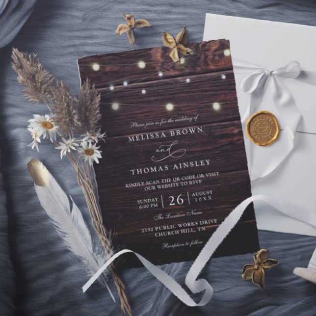 Invitación Luces de Cuerda de Madera de Granero Rústico Códig (Subido por el creador)