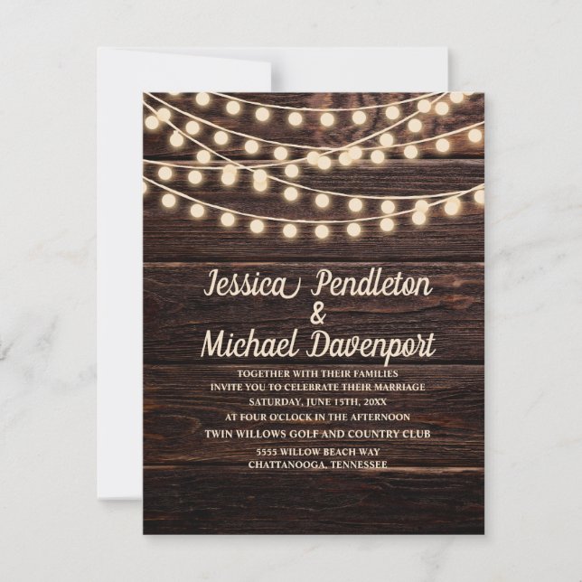Invitación Luces de Cuerda de Madera de Granero Rústico Invit (Anverso)