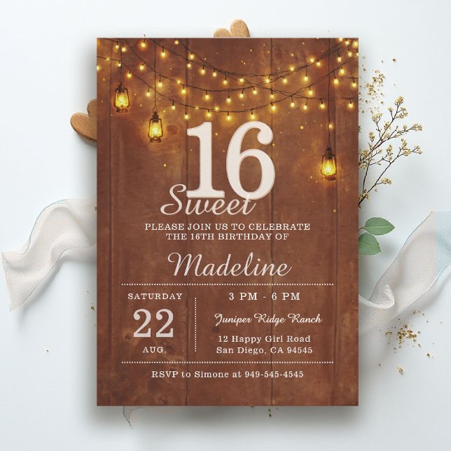 Invitación Luces de Cuerda de Madera de Granero Rústico Linte (rustic sweet 16 birthday party invitation string lights barn wood lanterns brown gold outdoors )