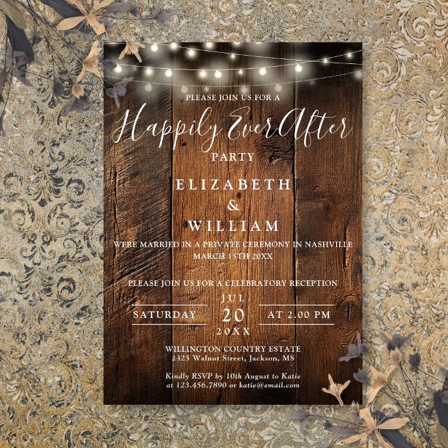 Invitación Luces de Cuerda de Madera de Granero Rústico para  (Rustic Barn Wood String Lights Wedding Reception Invitation)