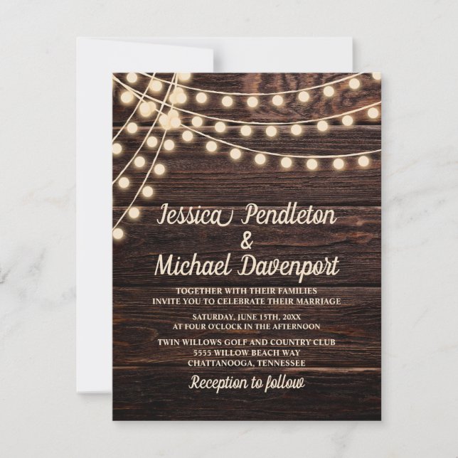 Invitación Luces de Cuerda de Madera de Granero Rústico para  (Anverso)