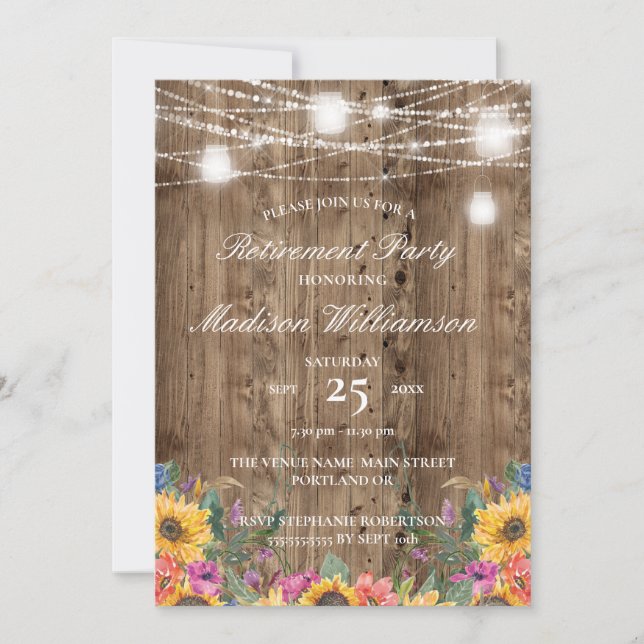 Invitación Luces de Cuerda de Madera de Granero y Jubilación  (Anverso)