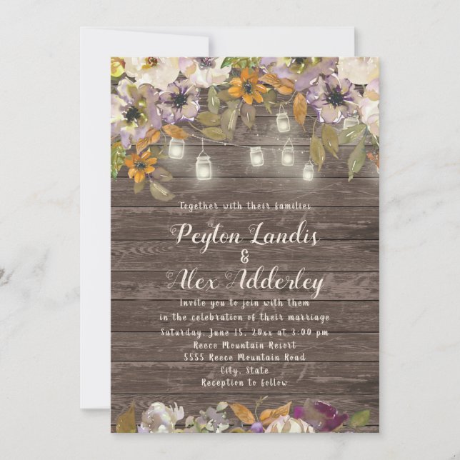 Invitación Luces de Cuerda de Madera Floral Crema Oxidada par (Anverso)