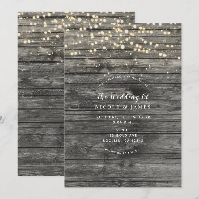 Invitación Luces de Cuerda de Madera Gris Desgastada Rústica  (Anverso / Reverso)