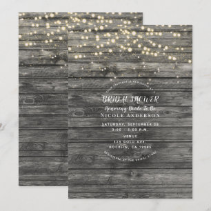 Invitación Luces de Cuerda de Madera Gris Rústico para Fiesta