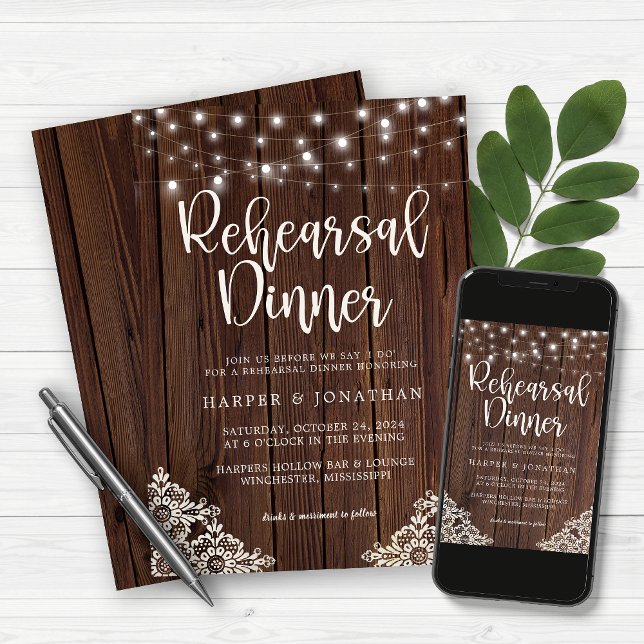 Invitación Luces de cuerda de madera Lace Boda ensayo Cena (Subido por el creador)