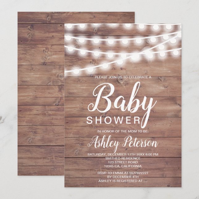 Invitación Luces de cuerda de madera marrón ruidosa para bebé (Anverso / Reverso)