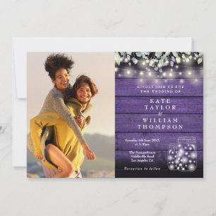 Invitación Luces de Cuerda de Madera Morada Floral Foto Boda