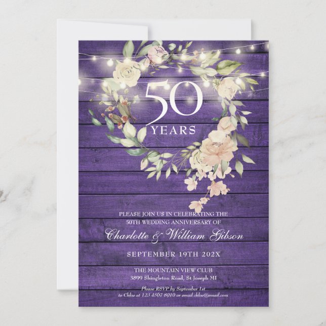 Invitación Luces de Cuerda de Madera Morada Flores 50 Anivers (Anverso)