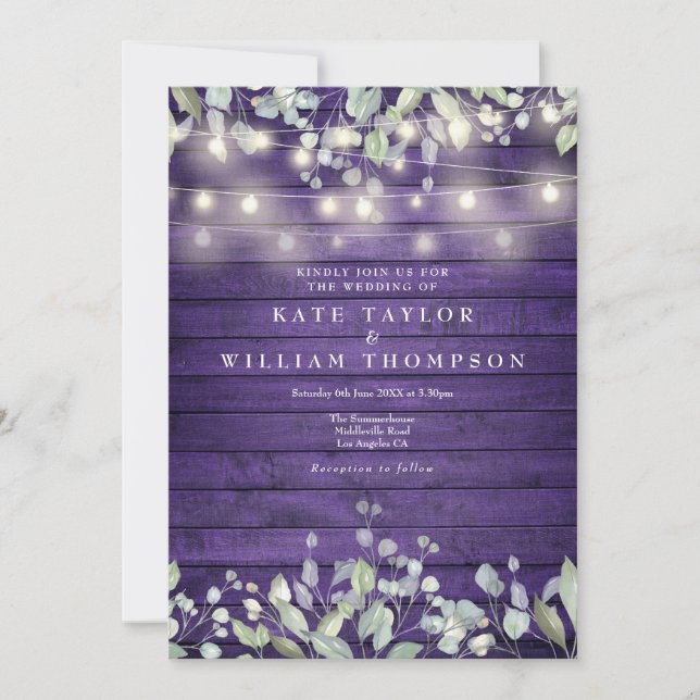 Invitación Luces de Cuerda de Madera Morada Verde Floral Boda (Anverso)