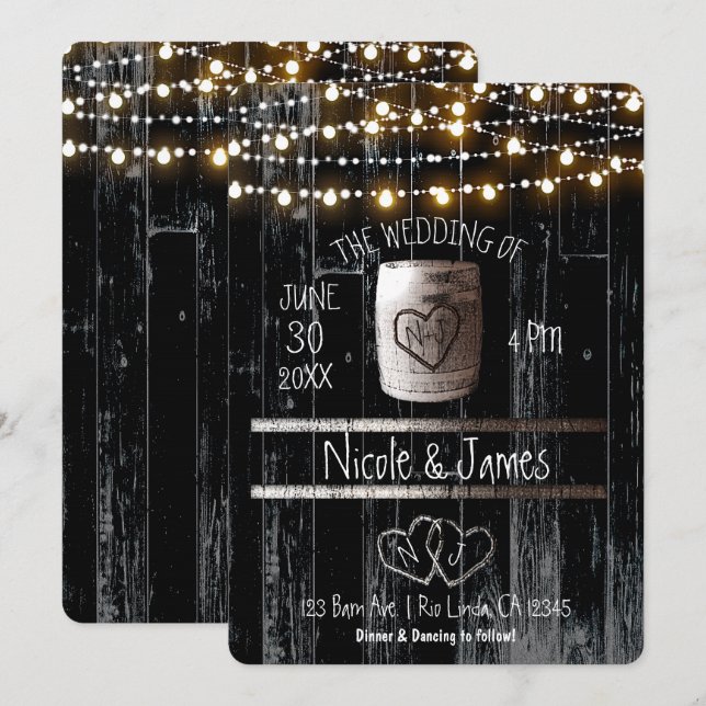 Invitación Luces de cuerda de madera negra y Boda de barril r (Anverso / Reverso)