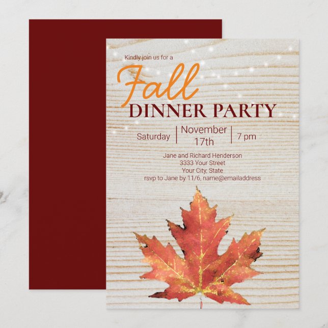 Invitación Luces de Cuerda de Madera para Cena de Otoño Rústi (Anverso / Reverso)
