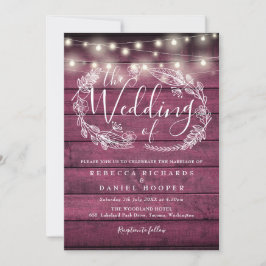 Invitación Luces de Cuerda de Madera Roja Rústica Guión Boda