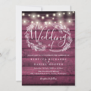 Invitación Luces de Cuerda de Madera Roja Rústica Guión Boda