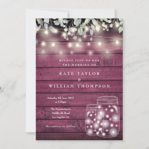 Invitación Luces de Cuerda de Madera Roja Rústica para Bodas 