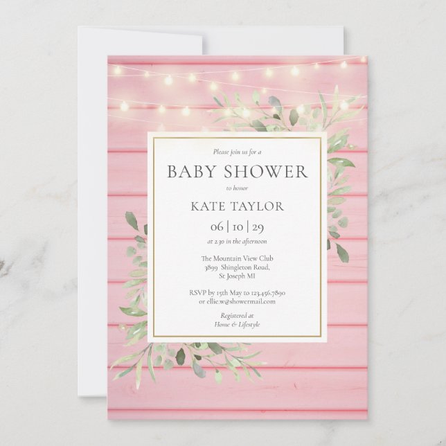 Invitación Luces de Cuerda de Madera Rosa para Baby Shower co (Anverso)