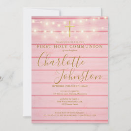 Invitación Luces de Cuerda de Madera Rosa Primera Comunión