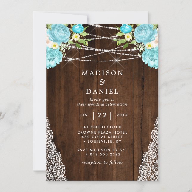 Invitación Luces de Cuerda de Madera Rústica Aqua Mint Floral (Anverso)