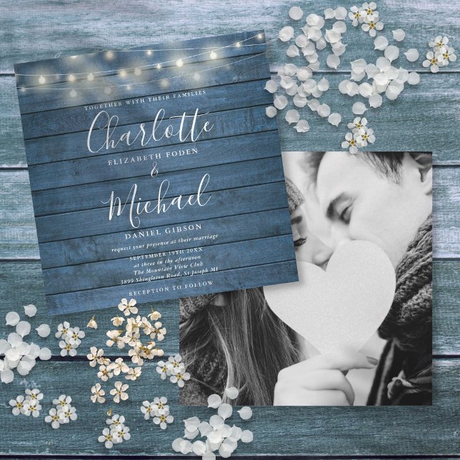 Invitación Luces de Cuerda de Madera Rústica Azul Boda Foto (Blue Rustic Wood String Lights Wedding Photo Invitation)