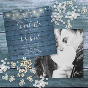 Invitación Luces de Cuerda de Madera Rústica Azul Boda Foto