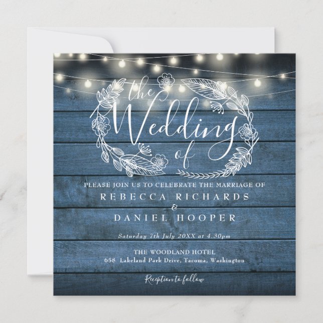 Invitación Luces de Cuerda de Madera Rústica Azul Bodas Cuadr (Anverso)
