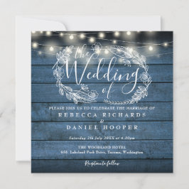 Invitación Luces de Cuerda de Madera Rústica Azul Bodas Cuadr