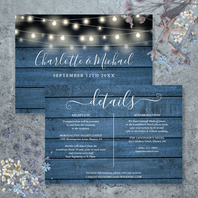Invitación Luces de Cuerda de Madera Rústica Azul Detalles de (Blue Rustic Wood String Lights Wedding Details Invitation)