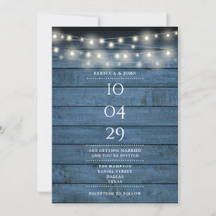 Invitación Luces de Cuerda de Madera Rústica Azul Fecha de Bo