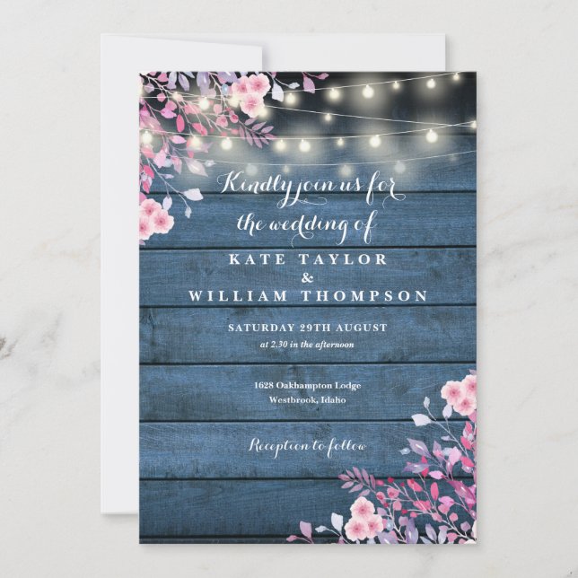 Invitación Luces de Cuerda de Madera Rústica Azul para Boda F (Anverso)