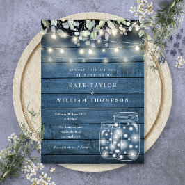 Invitación Luces de Cuerda de Madera Rústica Azul para Bodas 