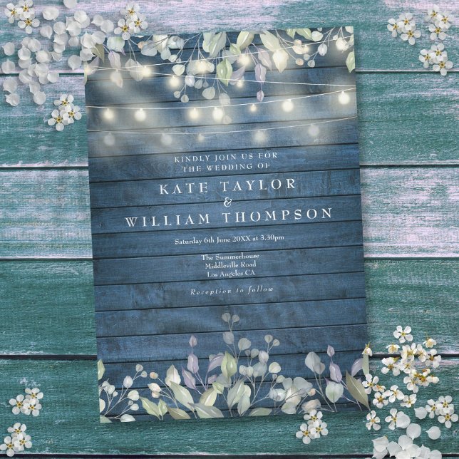 Invitación Luces de Cuerda de Madera Rústica Azul para Bodas  (Blue Rustic Wood String Lights Greenery Wedding Invitation)