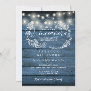 Invitación Luces de Cuerda de Madera Rústica Azul Quinceañera