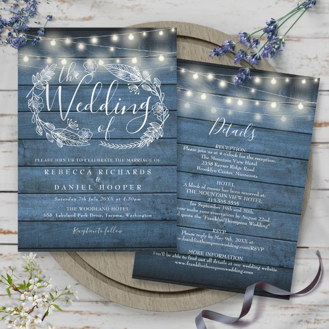 Invitación Luces de Cuerda de Madera Rústica Azul Todo en Uno (All In One Blue Rustic Wood String Lights Wedding Invitation)